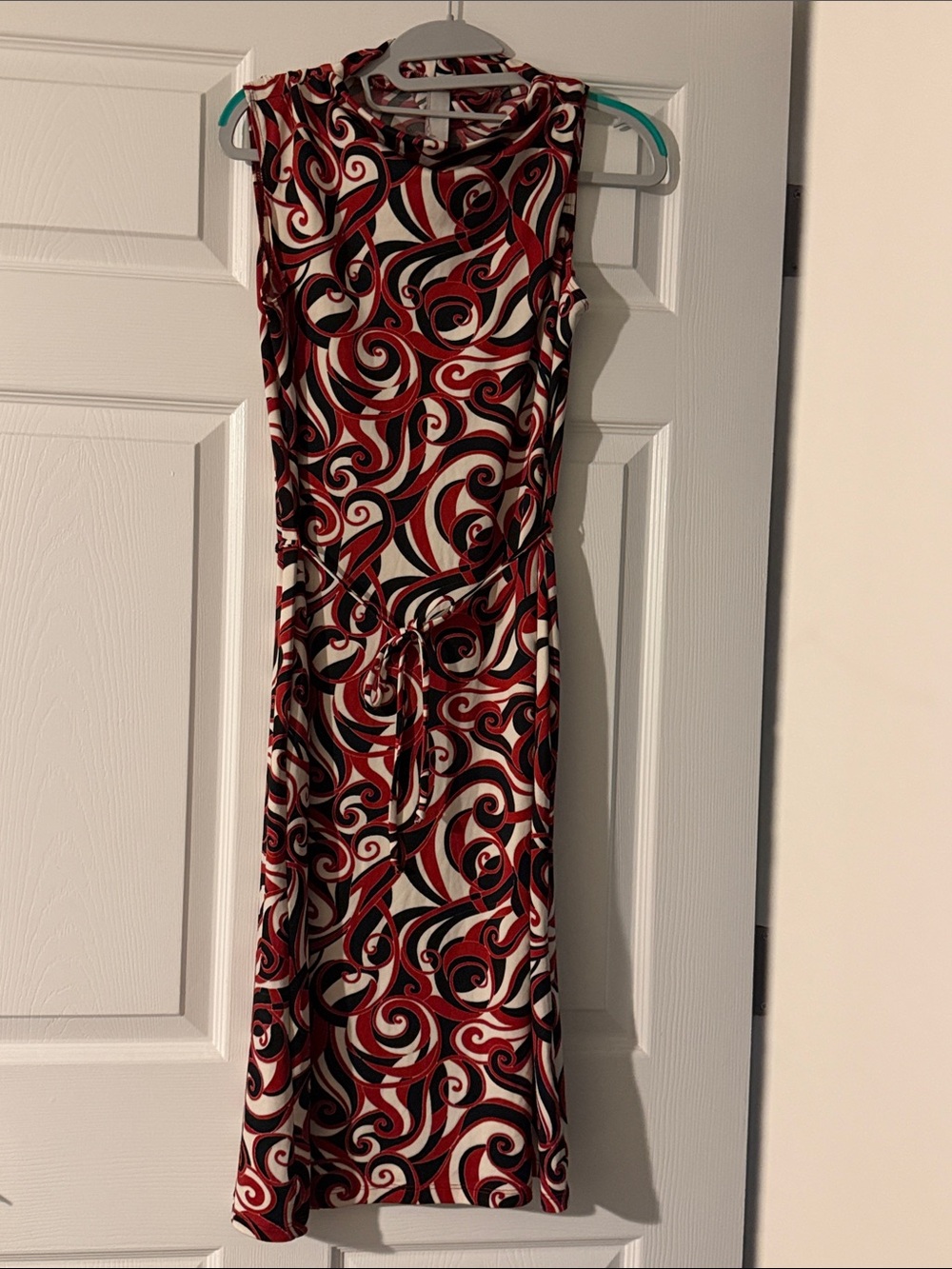 Warehouse Red, Black & White Swirl Sleeveless Tie-Waist Dress